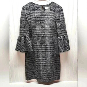 CALVIN KLEIN Black & White Tweed Bell Sleeve Dress
